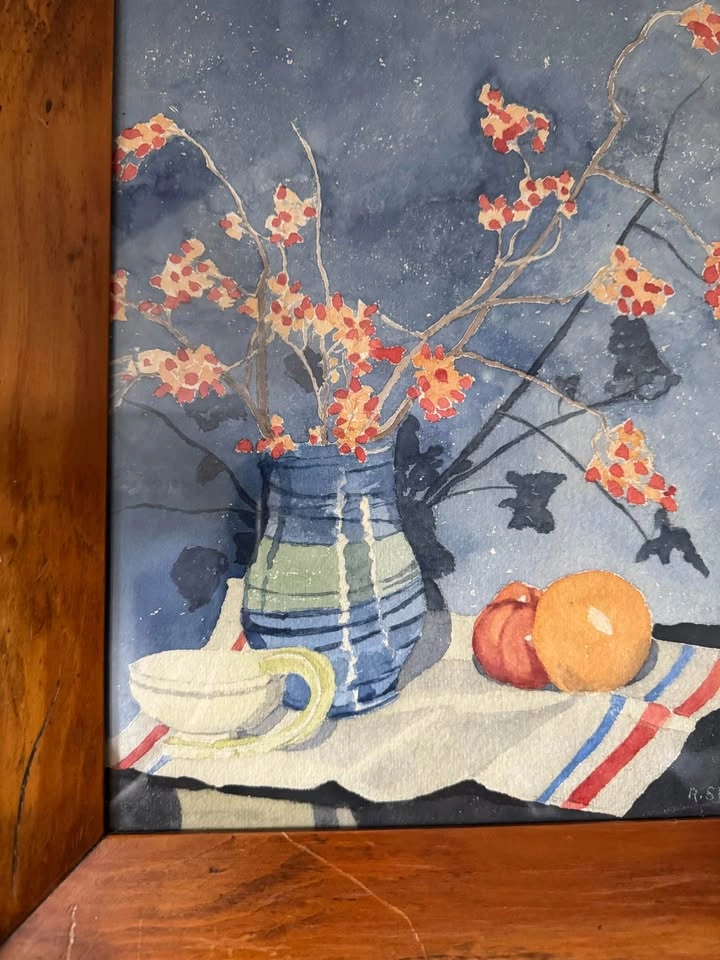 Vintage Still Life Watercolor Painting in Wood Frame-Artist Sign - photo 3