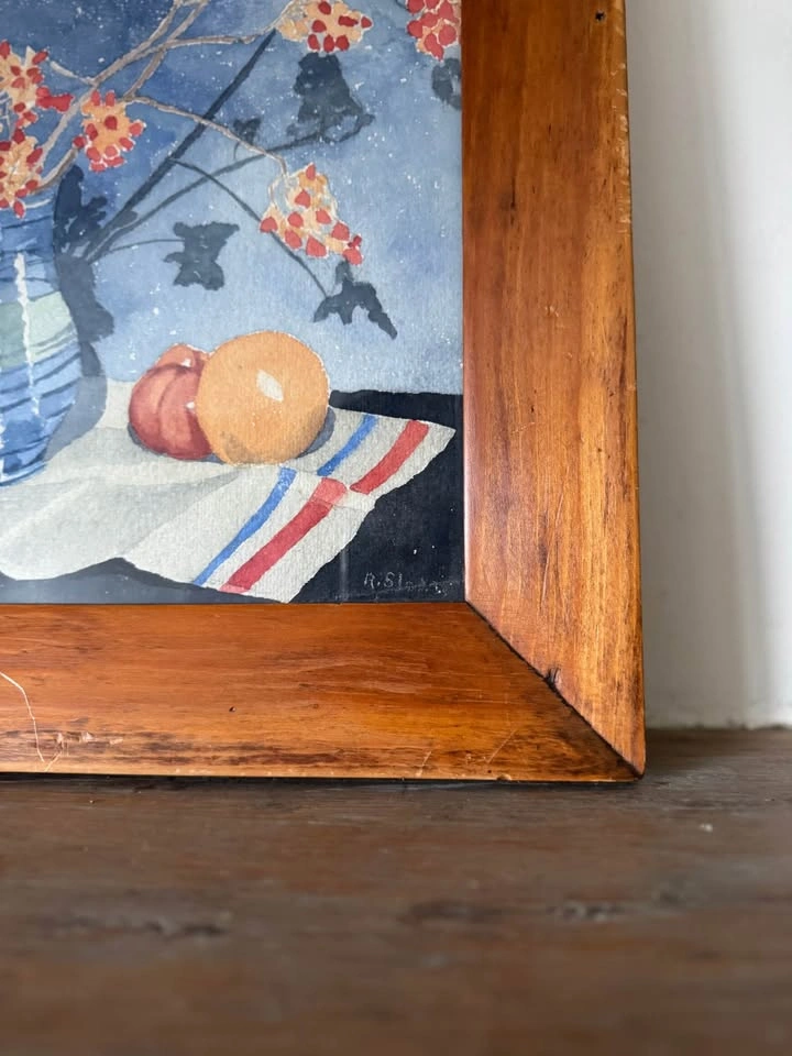 Vintage Still Life Watercolor Painting in Wood Frame-Artist Sign - photo 4