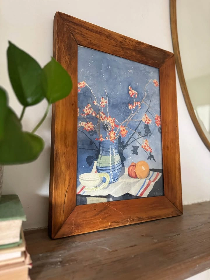 Vintage Still Life Watercolor Painting in Wood Frame-Artist Sign - photo 5