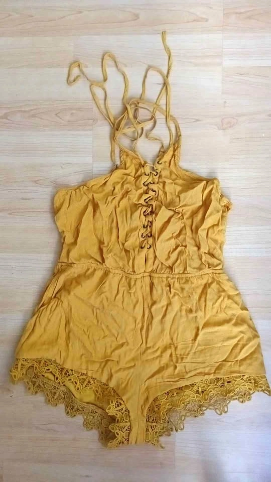 Mustard Yellow Lace Trim Romper size L