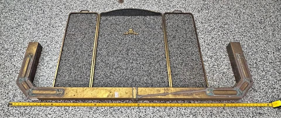 Large Vintage Brass Fireplace Hearth Fender & Mesh Spark Guard