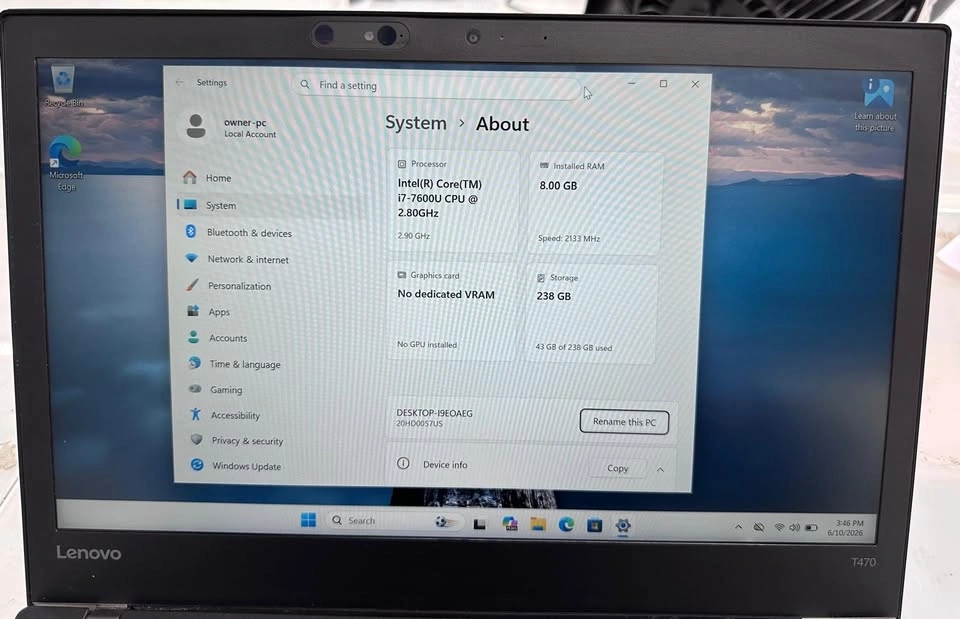 Lenovo t470 i7 8 gb ram and 256gb ssd - Win 11 pro - photo 2