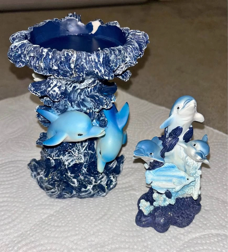Dolphin Theme Decor. Candle holder with small sister piece