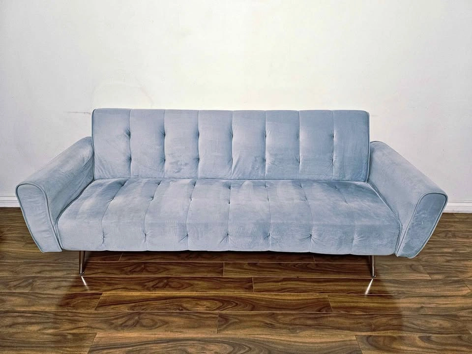 Modern Light Blue Velvet Futon / Sofa Bed