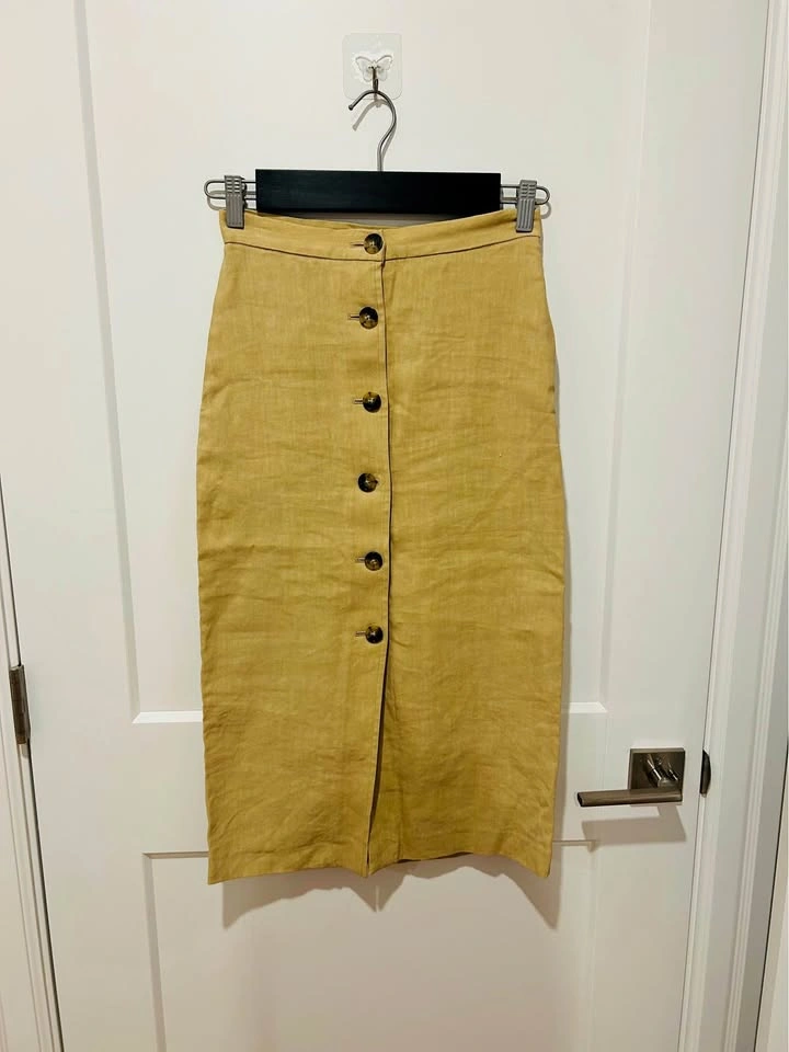 Wilfred Tan Linen Blend Button Front Midi Skirt Size 2