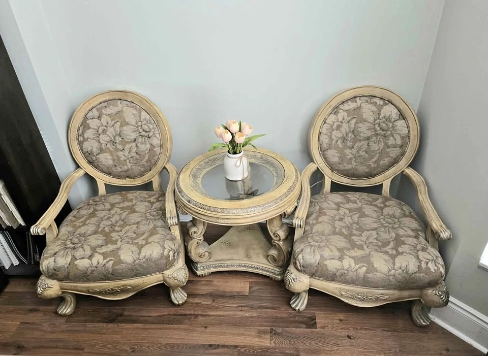 Two Ornate Armchairs and A Side Table Set