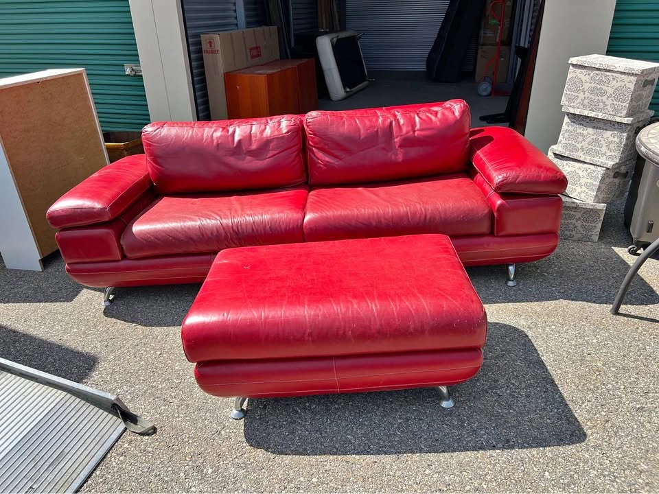 Red Leather Couch and Ottoman