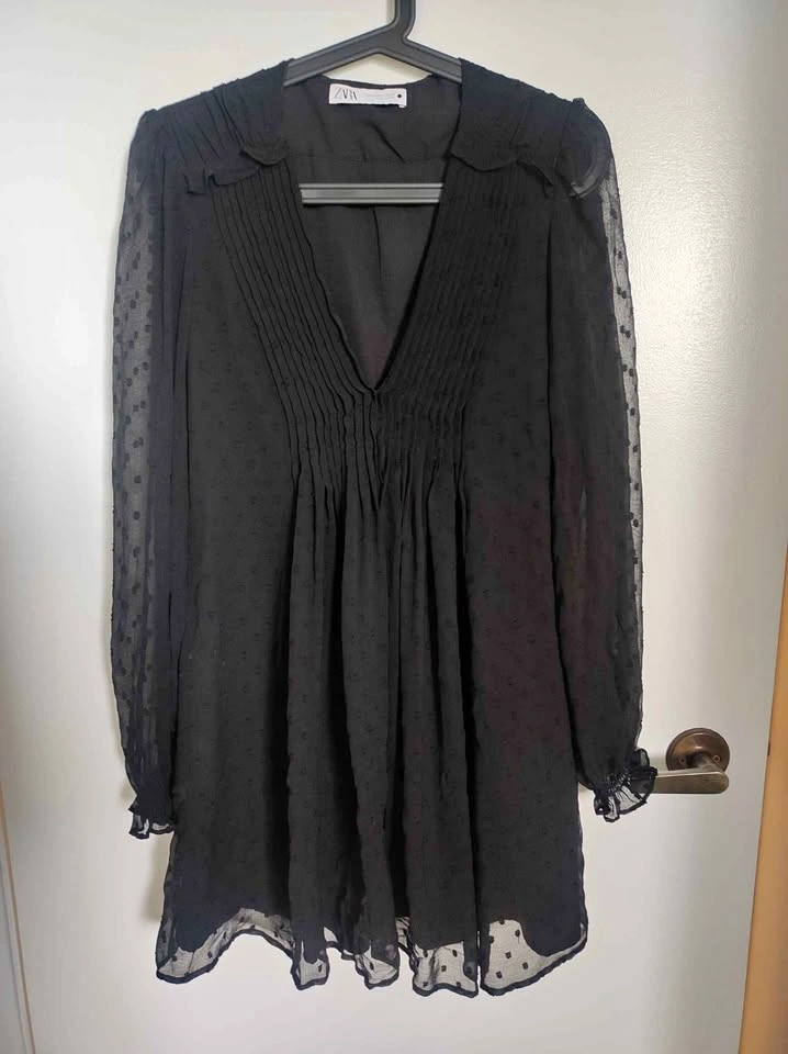 Zara black plumetis pleated mini dress