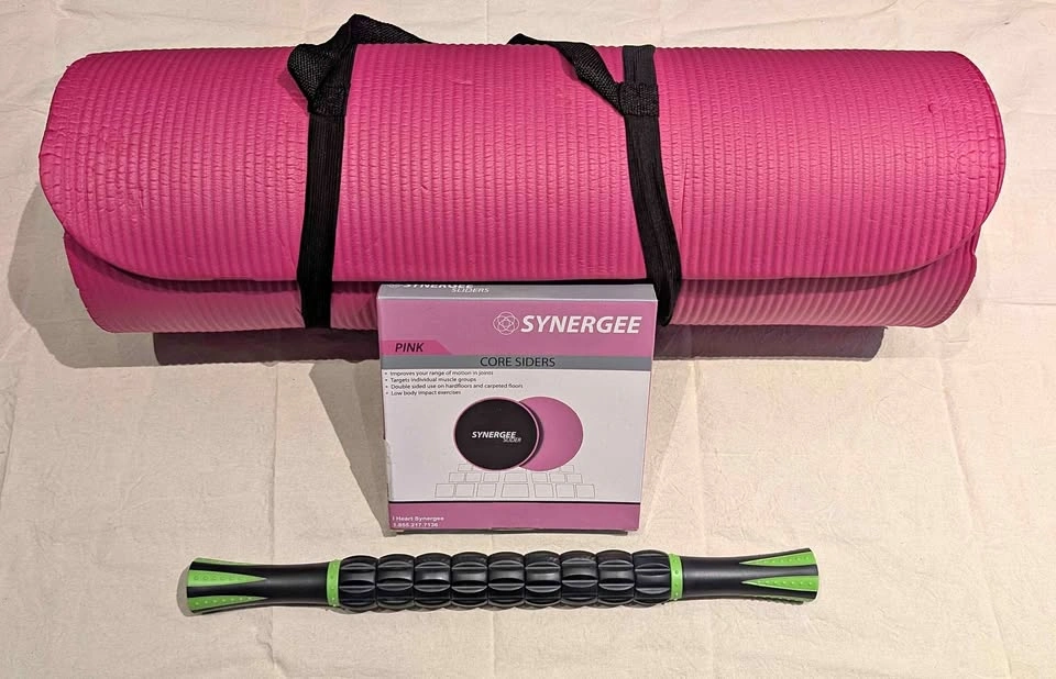 Yoga mat, core sliders and muscle roller bundle