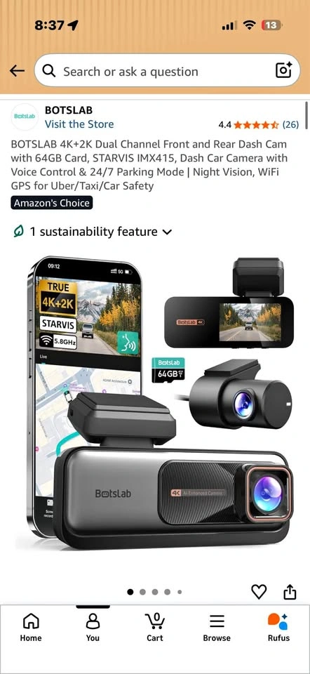 Botslab G980H Pro Dash Cam Car (4K Front + 2K Rear) w/ 64GB Card
