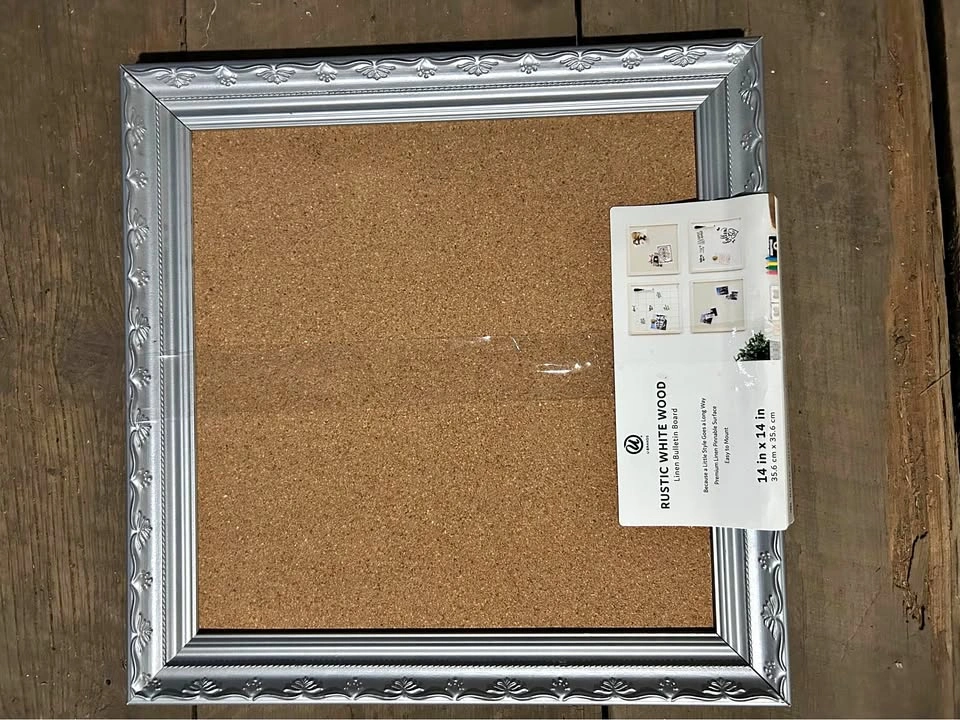 New U Brands Rustic Cork Bulletin Board, 14"x14", Silver Wood St