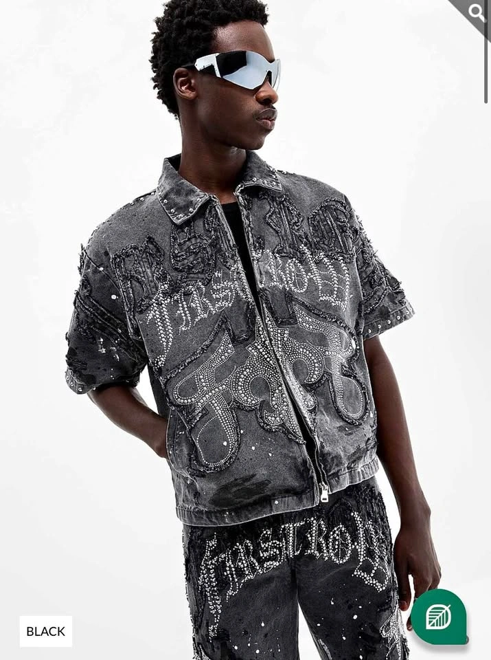 First Row Studded Denim Short Sleeve Jacket Men’s Medium