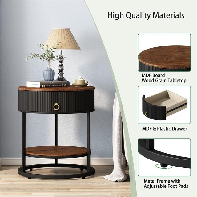 Round End Table with Drawer, Modern Wood Grain Side Table - photo 3
