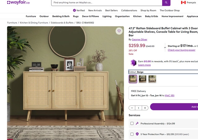 47.2" Rattan Sideboard Buffet Cabinet with 3 Doors