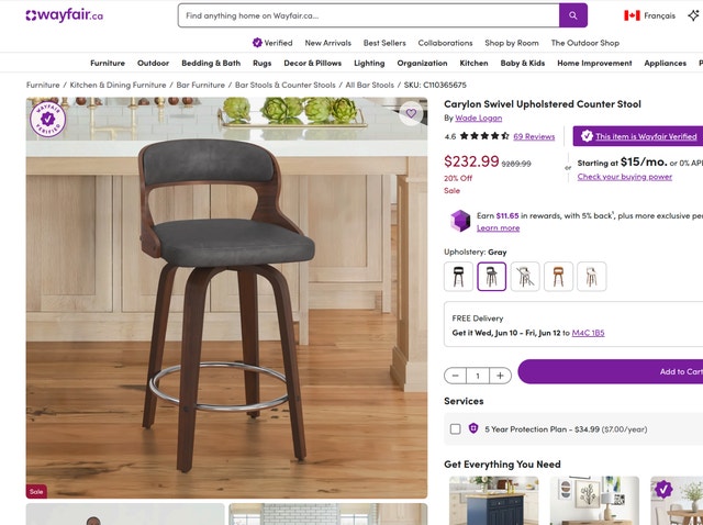 26" Grey Carylon Swivel Upholstered Counter Stool