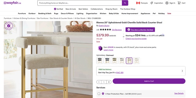 Rienna 25" Upholstered Gold Chenille Solid Back Counter Stool