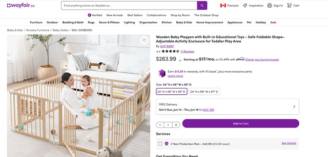 24" H x 56" W x 56" D Wooden Baby Playpen with Educational Toys