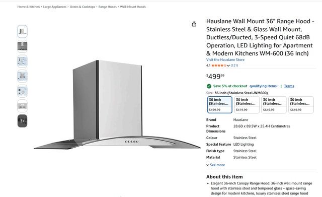Hauslane Wall Mount 36" Range Hood - Stainless Steel & Glass