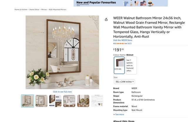 Walnut Bathroom Mirror 24x36 in, Walnut Wood Grain Framed Mirror