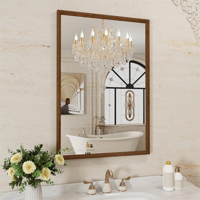 Walnut Bathroom Mirror 24x36 in, Walnut Wood Grain Framed Mirror - photo 2