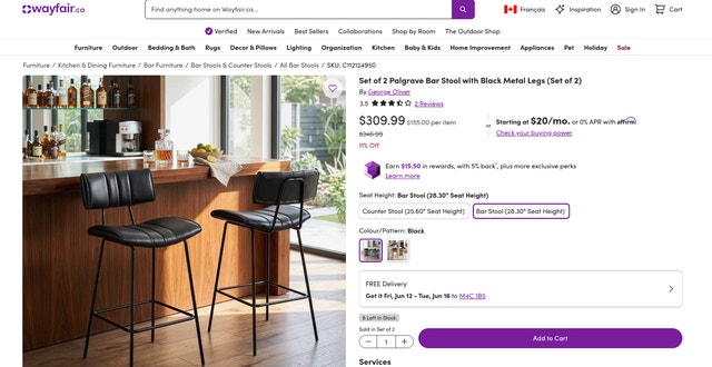 Set of 2 Palgrave Bar Stool with Black Metal Legs