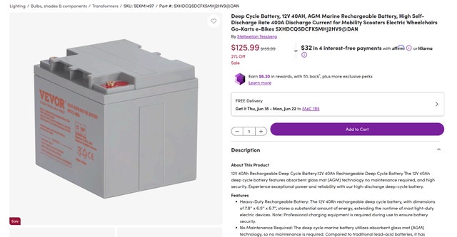 Deep Cycle Battery, 12V 40AH, AGM Marine Rechargeable Battery