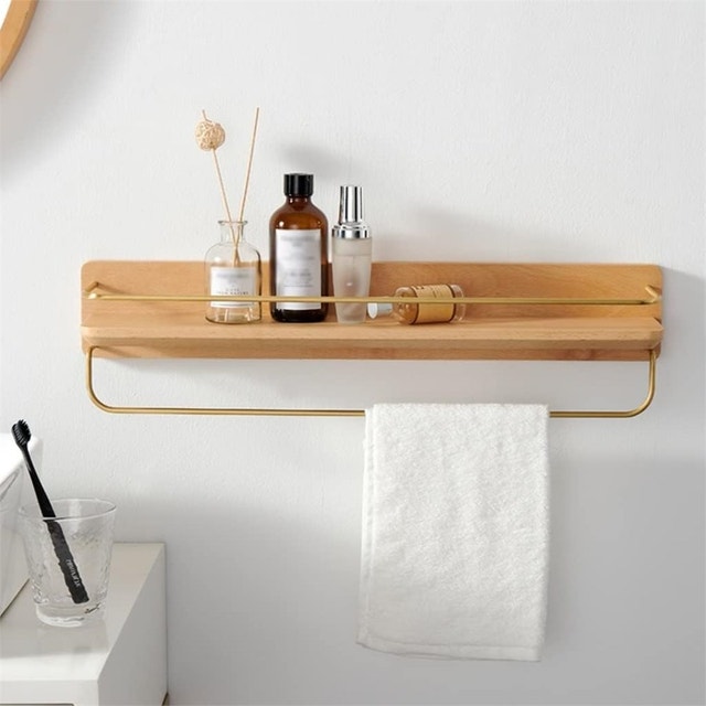 18" Shower Caddy Bathroom Shelf Wall Shelves, Wood and Brass
