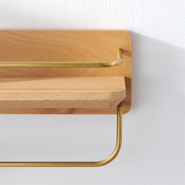18" Shower Caddy Bathroom Shelf Wall Shelves, Wood and Brass - photo 2