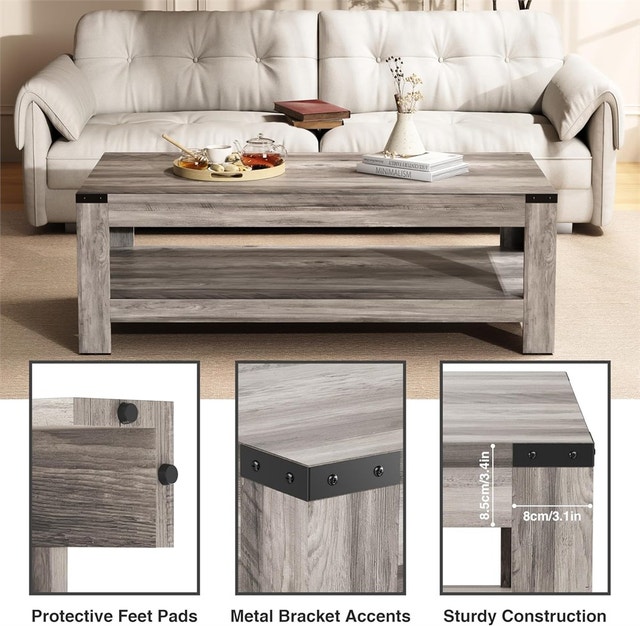 47.2" Farmhouse Coffee Table, Modern Rustic Wooden Center Table - photo 2
