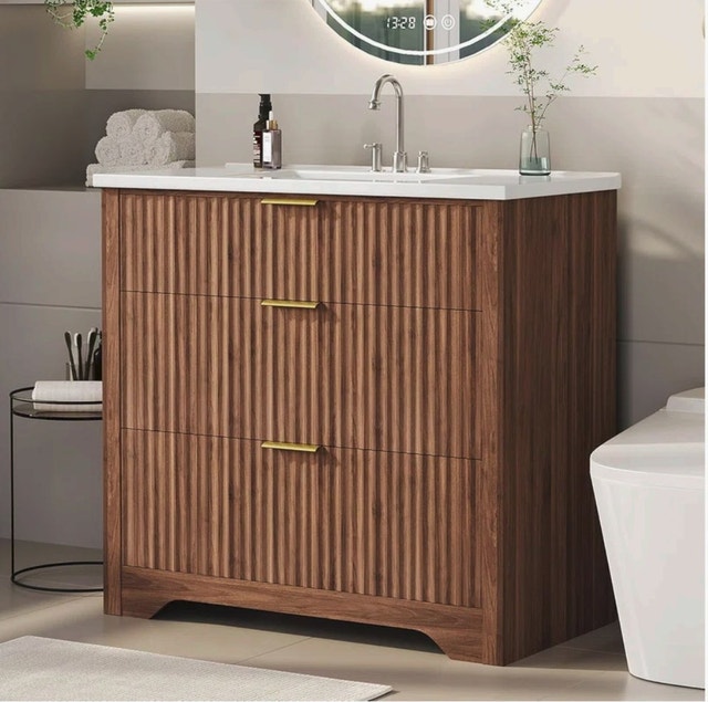 36" Fluted Farmhouse Vanity with Integrated Ceramic Sink - photo 2