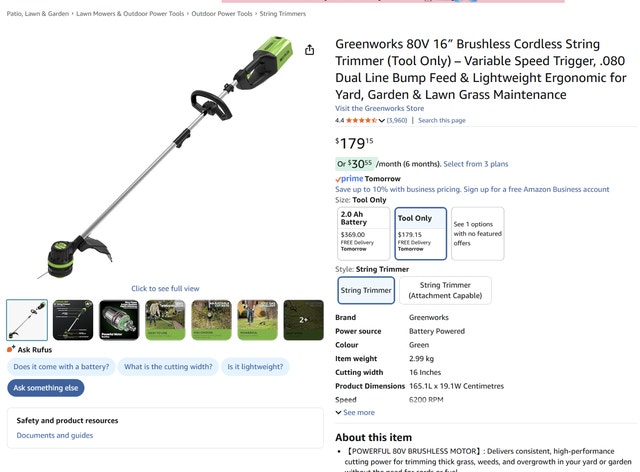 Greenworks 80V 16′′ Brushless Cordless String Trimmer (Tool Only
