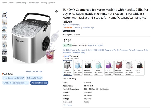EUHOMY Countertop Ice Maker Machine with Handle, 26lbs Per Day