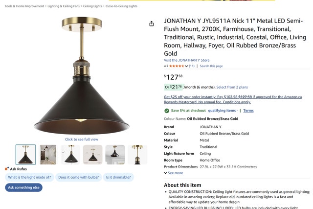 11" Metal LED Semi-Flush Mount, 2700K, Farmhouse, Transitional