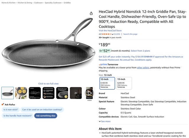 HexClad Hybrid Nonstick 12-Inch Griddle Pan, Stay-Cool Handle