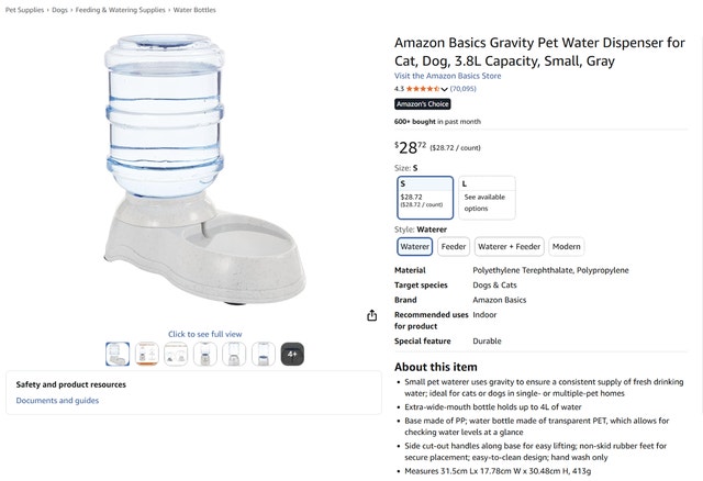 Gravity Pet Water Dispenser for Cat, Dog, 3.8L Capacity