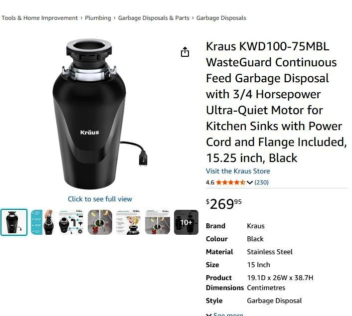 Kraus KWD100-75MBL WasteGuard Continuous Feed Garbage Disposal