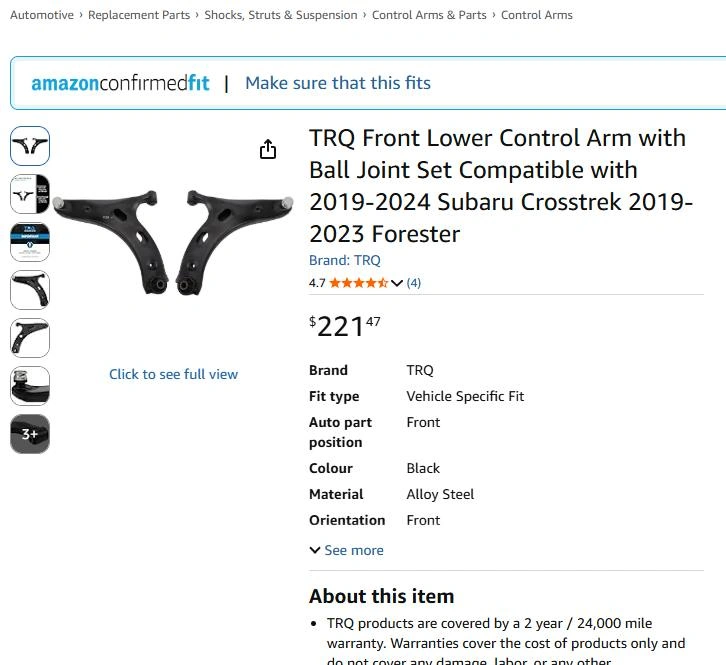 TRQ Front Lower Control Arm, Ball Joint Set for 19-24 Crosstrek - photo 2