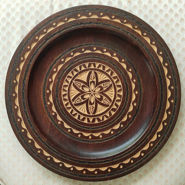 Hand-Carved Wooden Decorative Plate with Brass Inlay