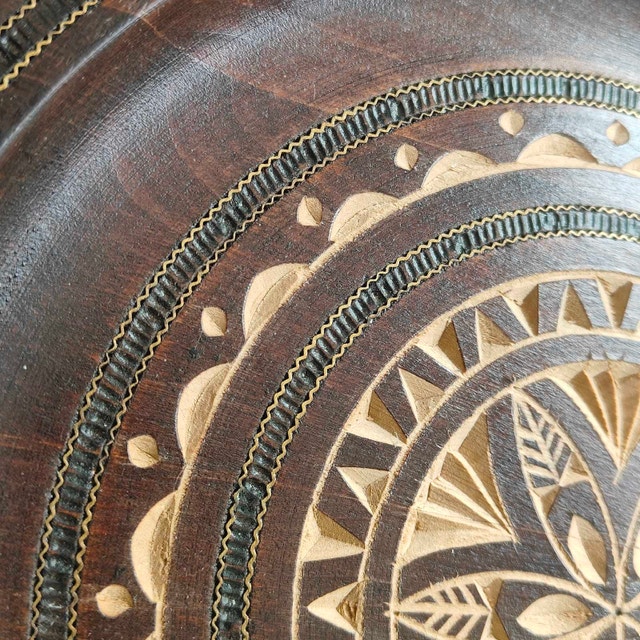 Hand-Carved Wooden Decorative Plate with Brass Inlay - photo 3