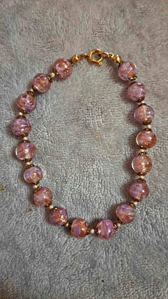 Vintage Murano Venetian Glass Bead Bracelet Pink Gold ⚽