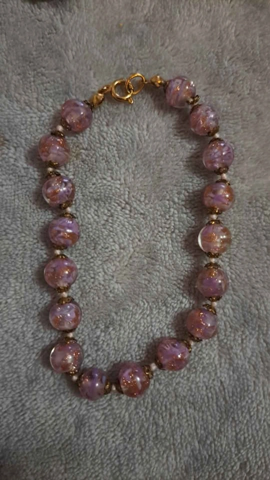 Vintage Murano Venetian Glass Bead Bracelet Pink Gold ⚽ - photo 2