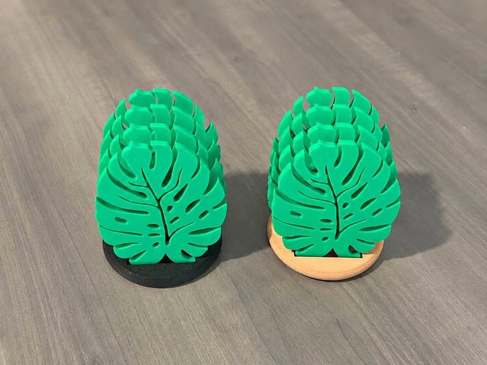 3D Printed Monstera Leaf Coaster Set — 4 Coasters with Holder