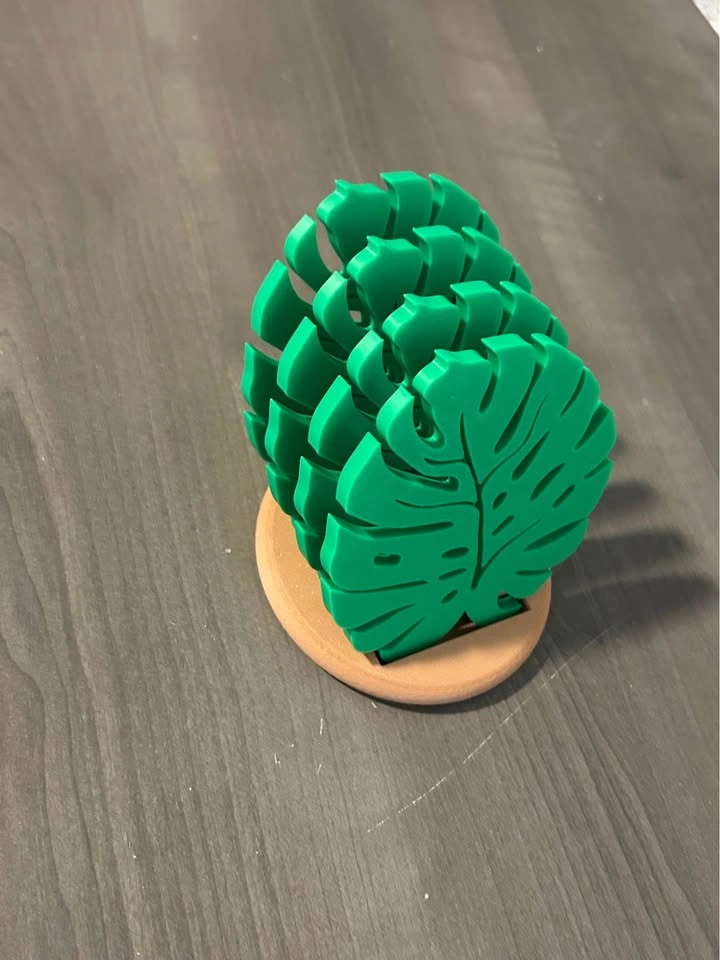 3D Printed Monstera Leaf Coaster Set — 4 Coasters with Holder - photo 2