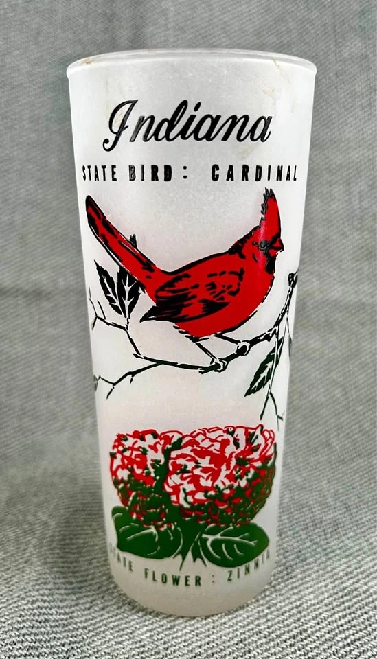 Vintage Frosted State of Indiana Tumbler with Cardinal and Zinni