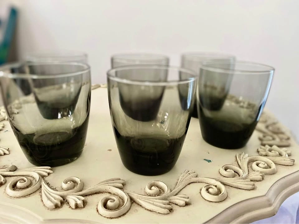 Vintage Libbey MCM Smokey Gray Lowball Whiskey Glass, Set of 4