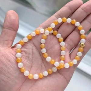 Handmade Natural Icy Yellow & White Jadeite Bead Bracelet