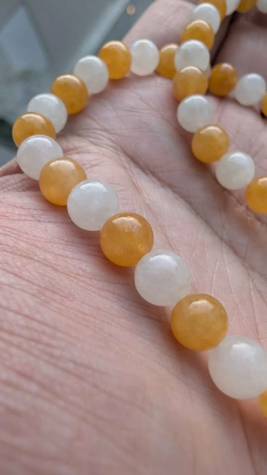 Handmade Natural Icy Yellow & White Jadeite Bead Bracelet - photo 3