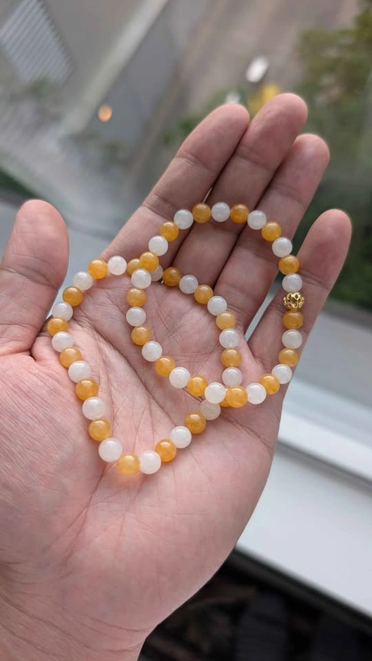 Handmade Natural Icy Yellow & White Jadeite Bead Bracelet - photo 4