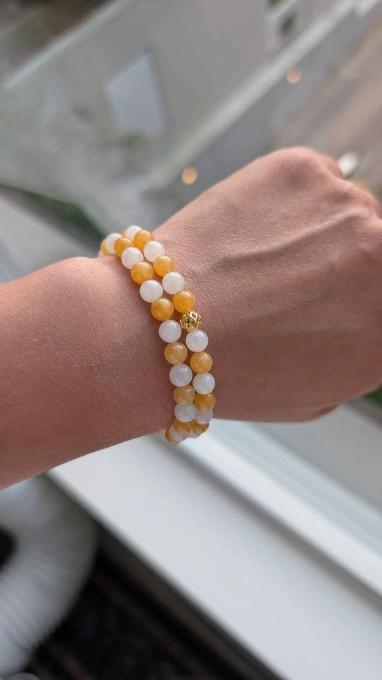 Handmade Natural Icy Yellow & White Jadeite Bead Bracelet - photo 5