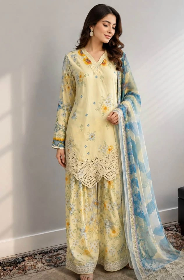 Embroidered Lawn Silk 3-Piece Pakistani Suit - Medium